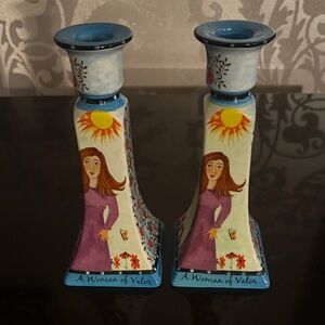 Woman of Valor Hand-Painted Candle Holders - Blue and Cream